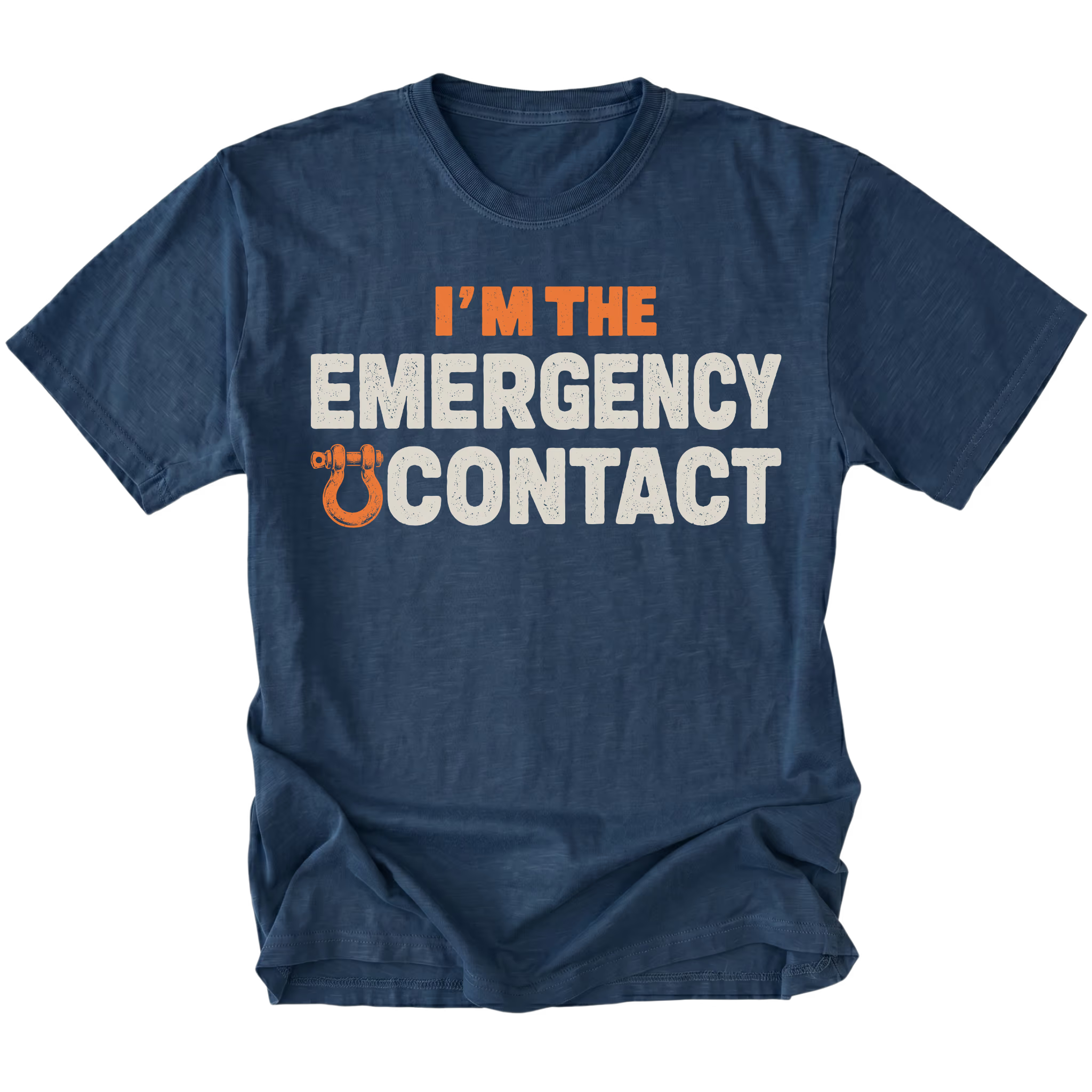 Navy T-shirt featuring the Emergency Contact design with a recovery shackle on the front by Trail Snark.