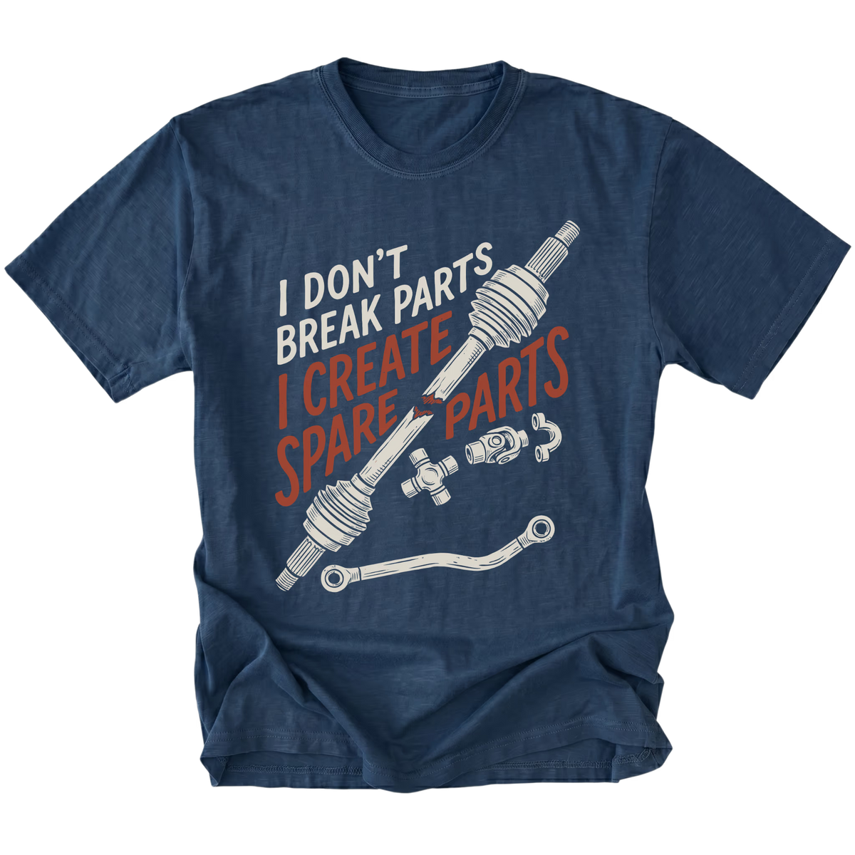 A navy blue short-sleeve t-shirt with a graphic print of a car steering column and parts, featuring the text 'I DON'T BREAK PARTS I CREATE SPARE PARTS' in white and orange lettering, shown on a plain white background.