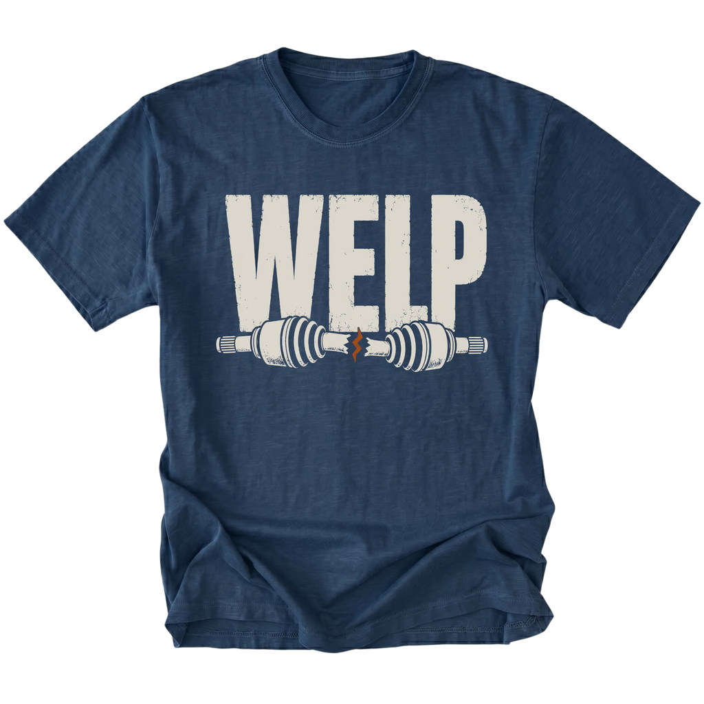 Navy T-shirt with Welp broken axle design shown from the front by Trail Snark.