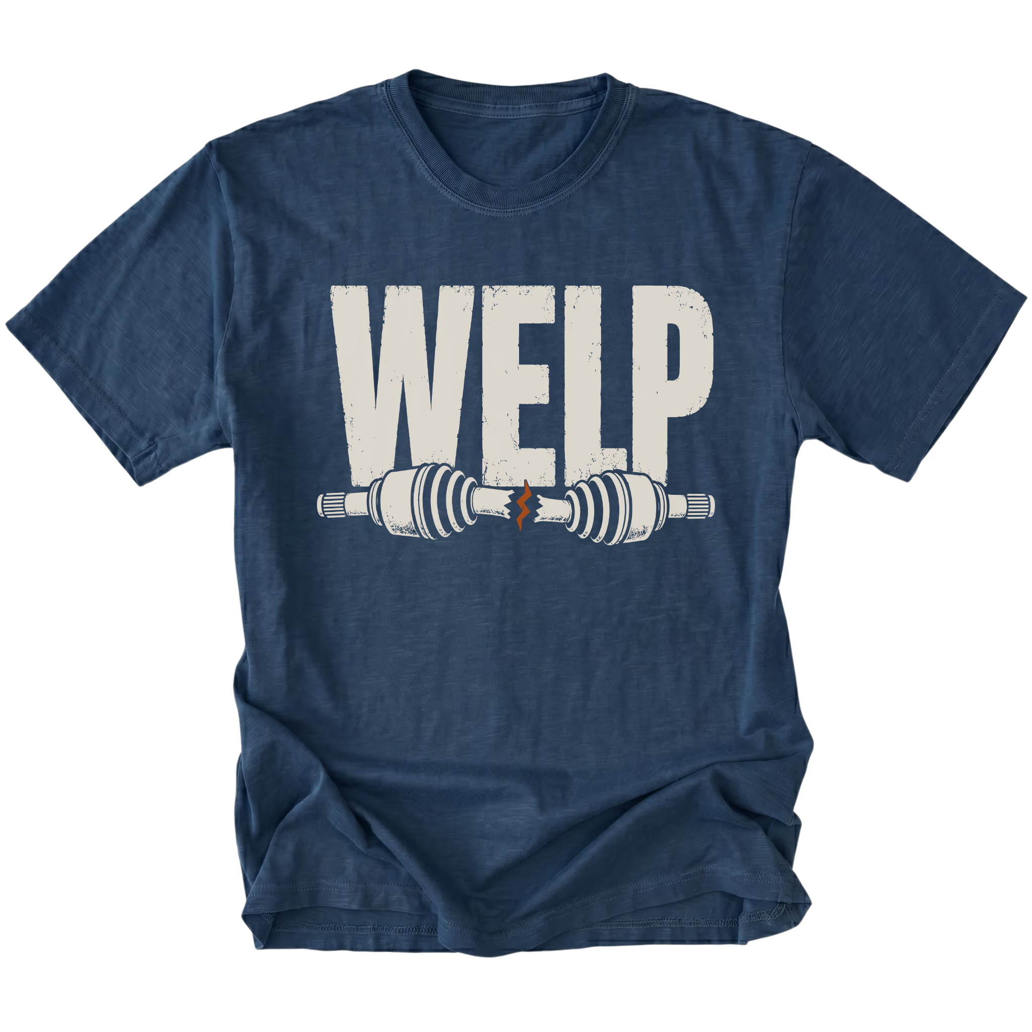 Navy T-shirt with Welp broken axle design shown from the front by Trail Snark.