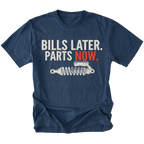 Navy t-shirt featuring Bills Later Parts Now design with suspension coilover graphic on front view by Trail Snark.