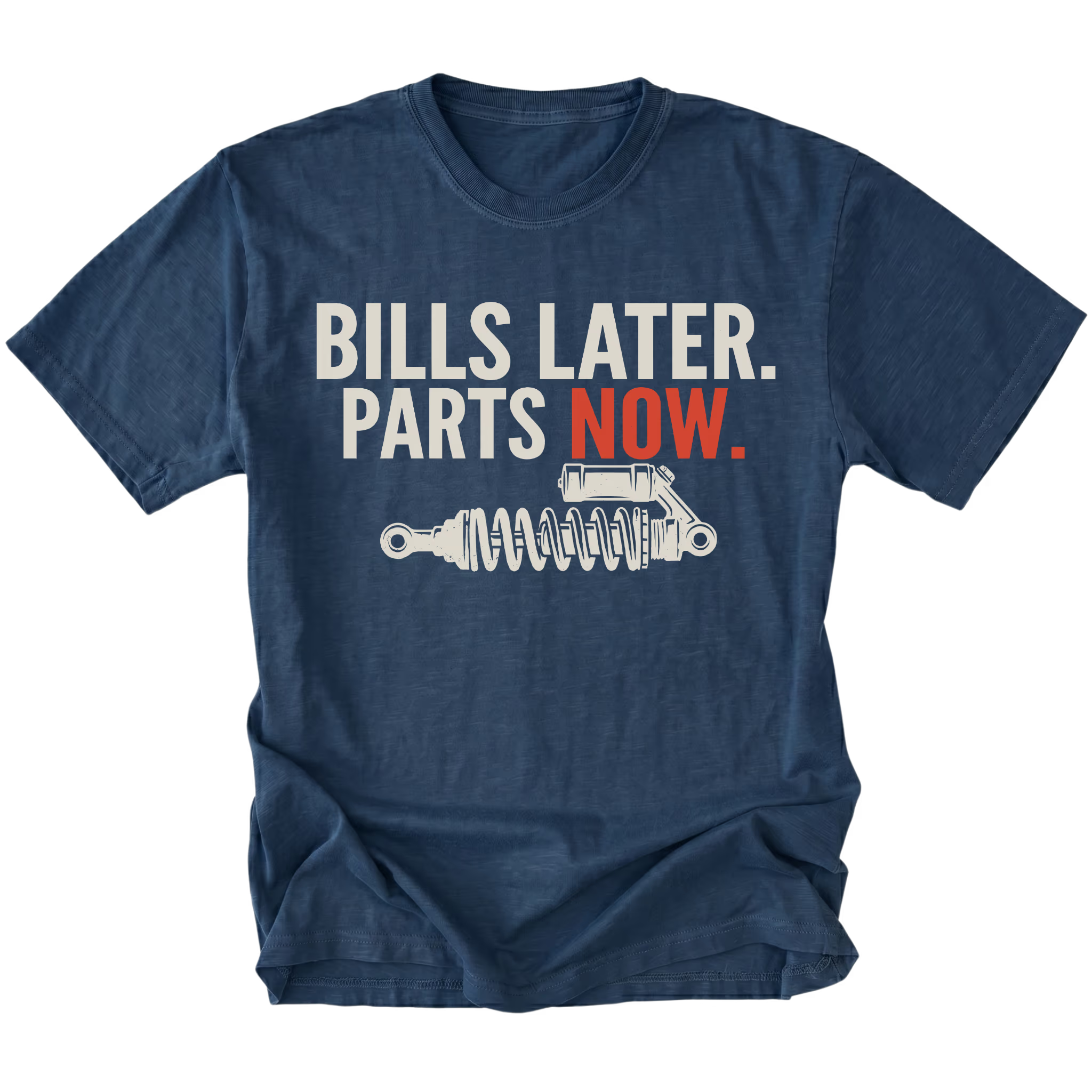 Navy t-shirt featuring Bills Later Parts Now design with suspension coilover graphic on front view by Trail Snark.
