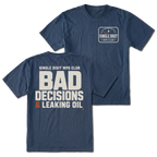 Navy T-shirt with Single Digit MPG Club front print and Bad Decisions & Leaking Oil back design shown front and back by Trail Snark.