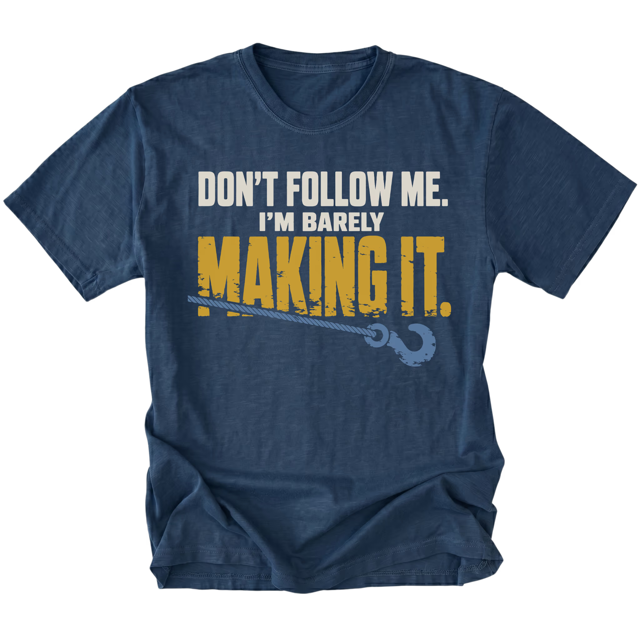 Navy T-shirt featuring the Barely Making It recovery hook design on the front by Trail Snark.