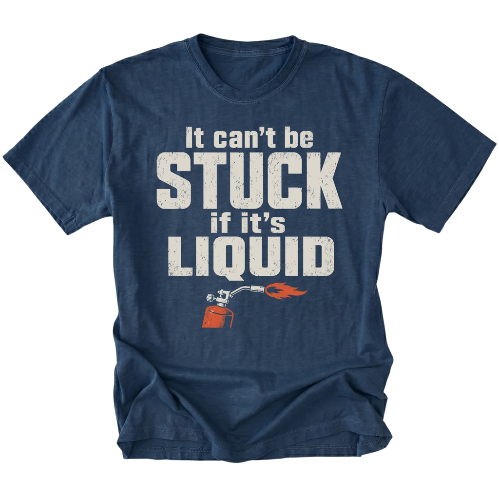 Navy t-shirt featuring the Liquid Stuck design on the front by Trail Snark.
