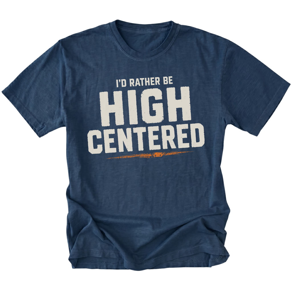Navy t-shirt featuring the High Centered design on the front by Trail Snark.