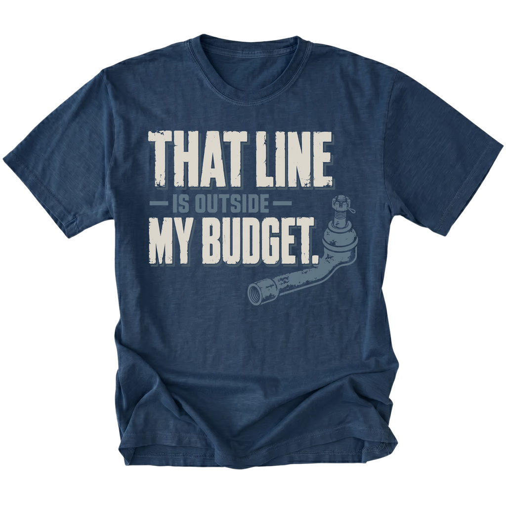 Navy T-shirt featuring the Budget Line tie rod design on the front by Trail Snark.
