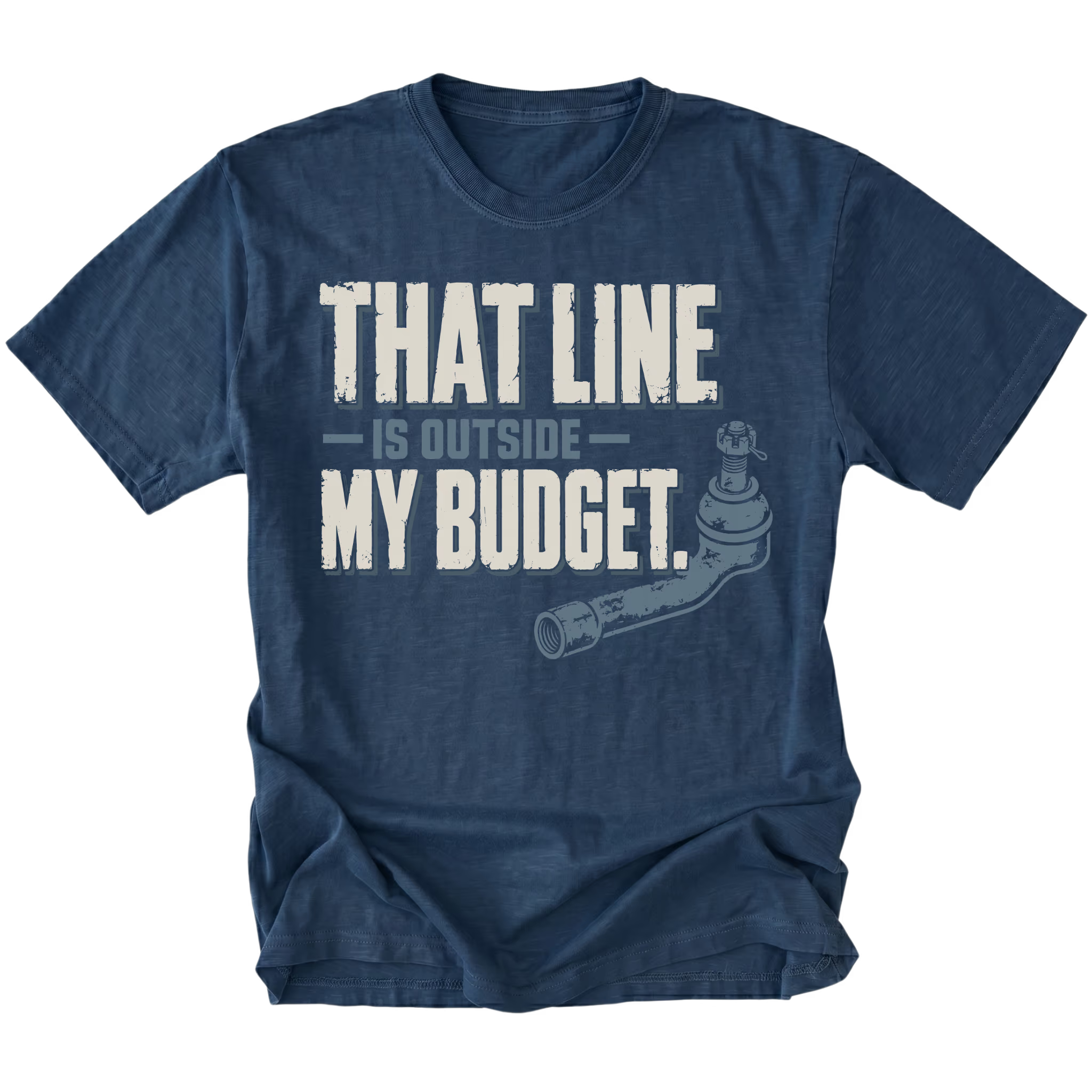Navy T-shirt featuring the Budget Line tie rod design on the front by Trail Snark.