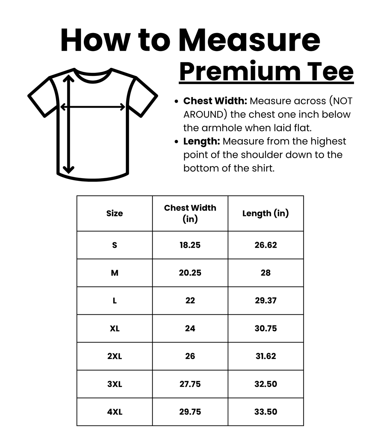 Trail Snark Premium T-shirt Size Chart